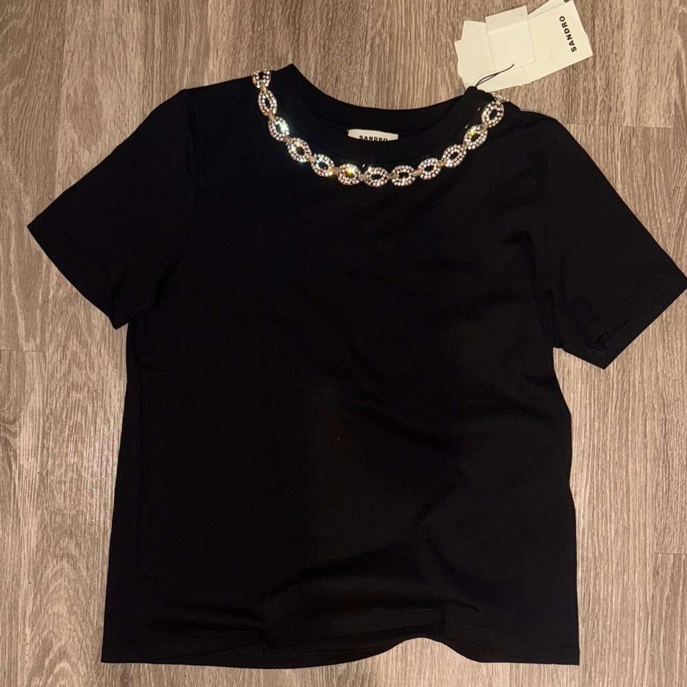 Sandro Black Tee with Crystal Embellishments